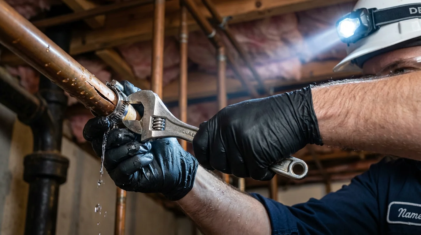 Emergency pipe clamp repair being performed by a Johns Plumbing LLC plumber in Campti