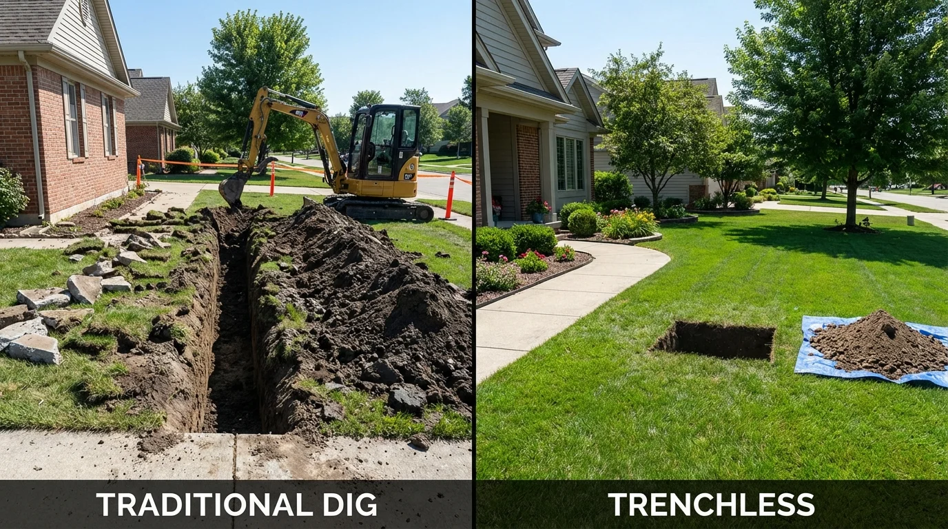 Trenchless sewer repair with minimal yard damage versus traditional excavation in Campti, LA